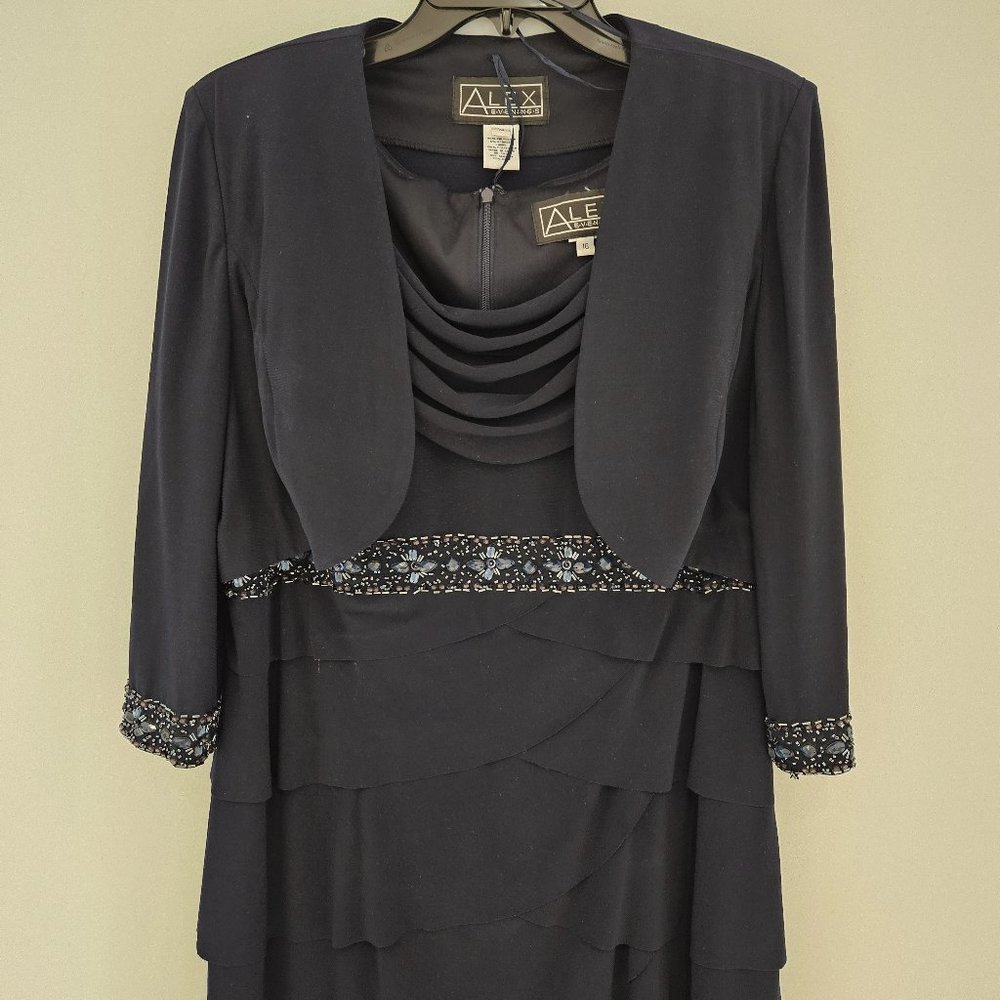Navy Blue Knee-Length Alex Evenings Dress with Matching Jacket